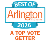 Badge reading "Best of Arlington Magazine 2026, A Top Vote Getter" in blue and orange text.